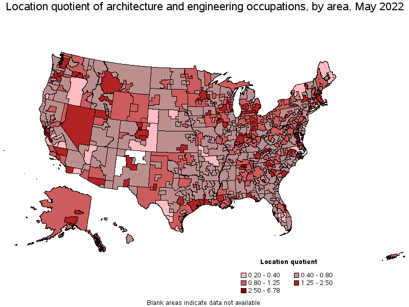 Map of location quotient of architecture and engineering occupations by area, May 2022