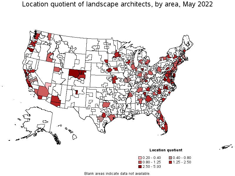 Map of location quotient of landscape architects by area, May 2022