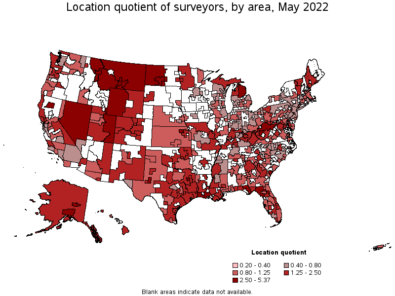 Map of location quotient of surveyors by area, May 2022