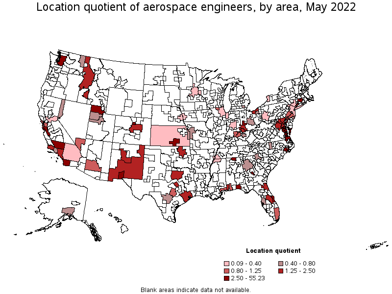 Map of location quotient of aerospace engineers by area, May 2022