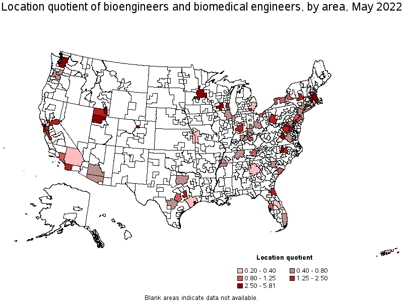 Map of location quotient of bioengineers and biomedical engineers by area, May 2022