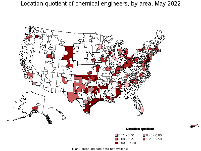 Map of location quotient of chemical engineers by area, May 2022