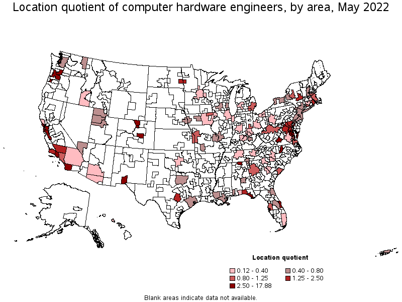 Map of location quotient of computer hardware engineers by area, May 2022