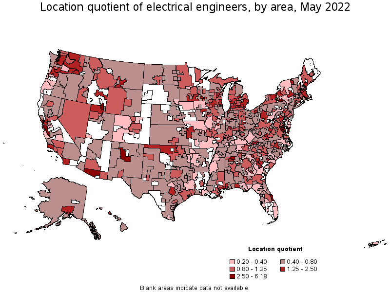 Map of location quotient of electrical engineers by area, May 2022