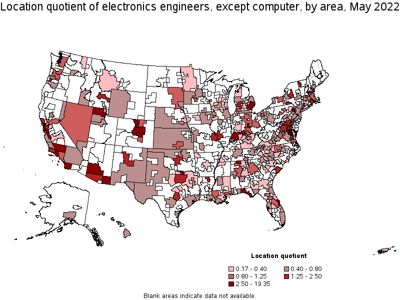 Map of location quotient of electronics engineers, except computer by area, May 2022