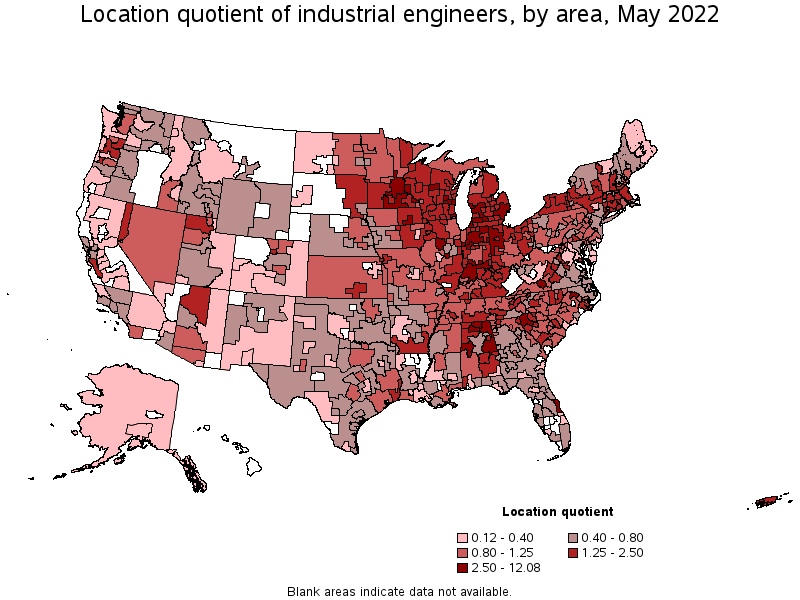 Map of location quotient of industrial engineers by area, May 2022