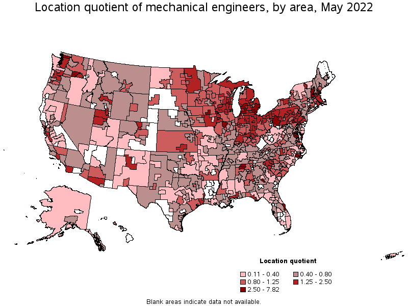 Map of location quotient of mechanical engineers by area, May 2022