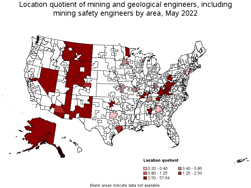 Map of location quotient of mining and geological engineers, including mining safety engineers by area, May 2022