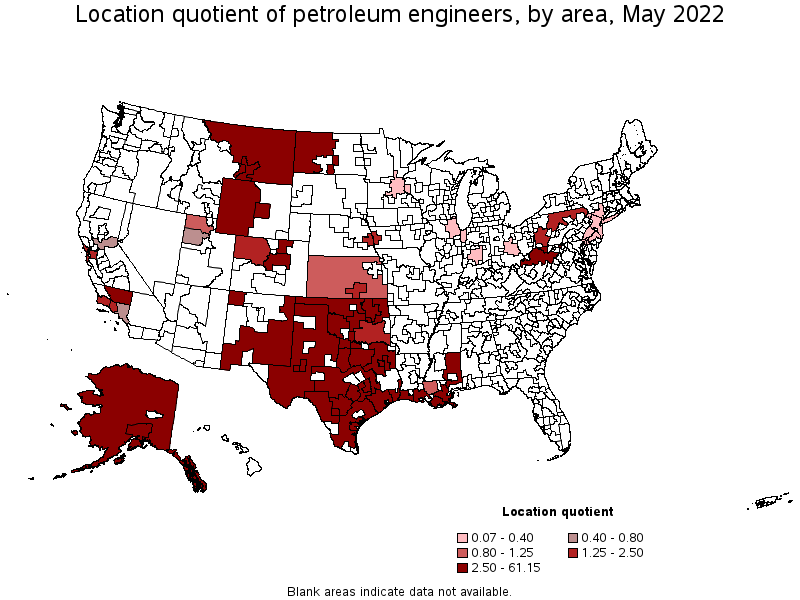 Map of location quotient of petroleum engineers by area, May 2022
