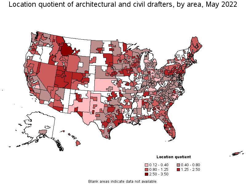 Map of location quotient of architectural and civil drafters by area, May 2022