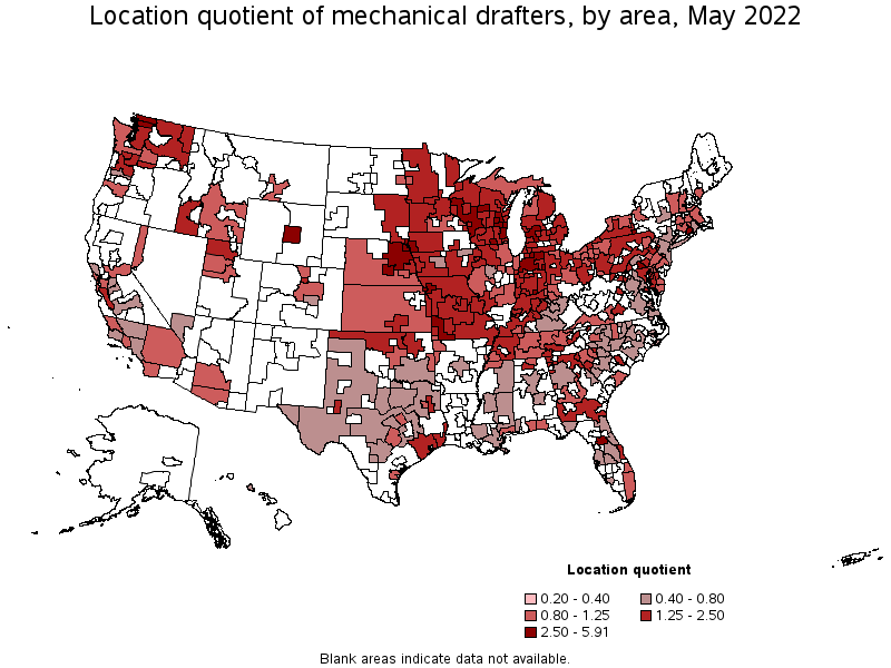 Map of location quotient of mechanical drafters by area, May 2022