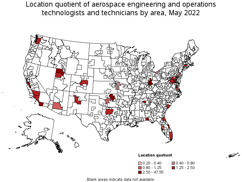 Map of location quotient of aerospace engineering and operations technologists and technicians by area, May 2022