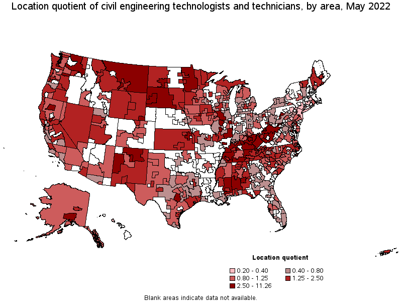 Map of location quotient of civil engineering technologists and technicians by area, May 2022