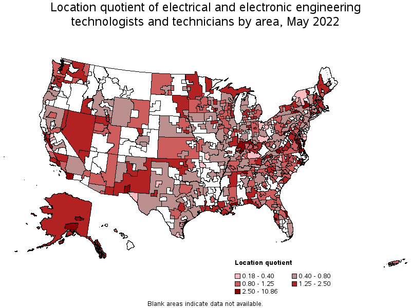 Map of location quotient of electrical and electronic engineering technologists and technicians by area, May 2022