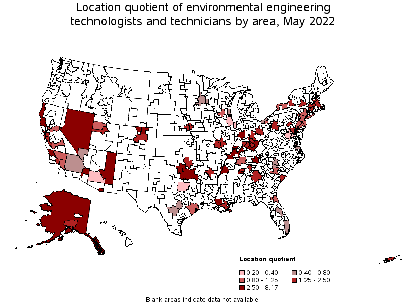 Map of location quotient of environmental engineering technologists and technicians by area, May 2022