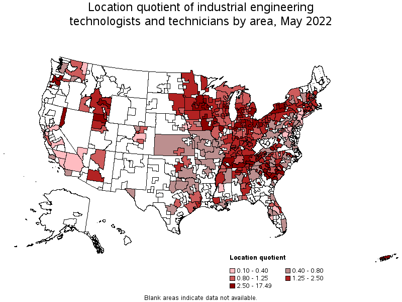 Map of location quotient of industrial engineering technologists and technicians by area, May 2022