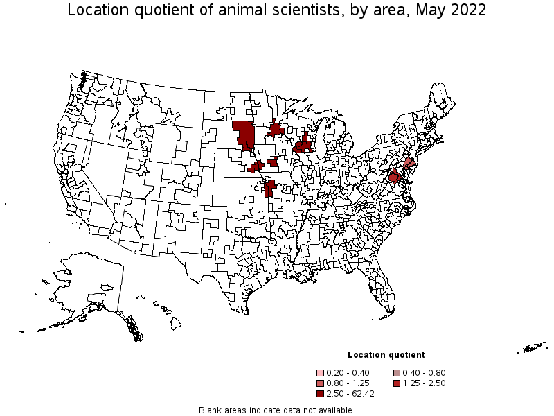Map of location quotient of animal scientists by area, May 2022