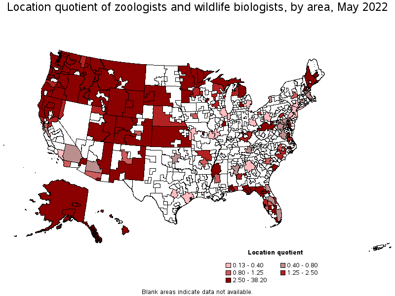 Map of location quotient of zoologists and wildlife biologists by area, May 2022