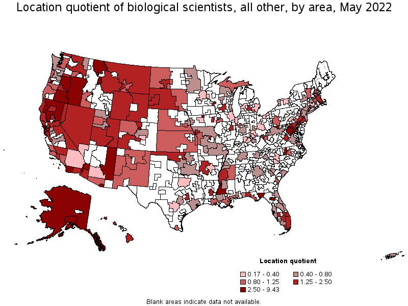 Map of location quotient of biological scientists, all other by area, May 2022