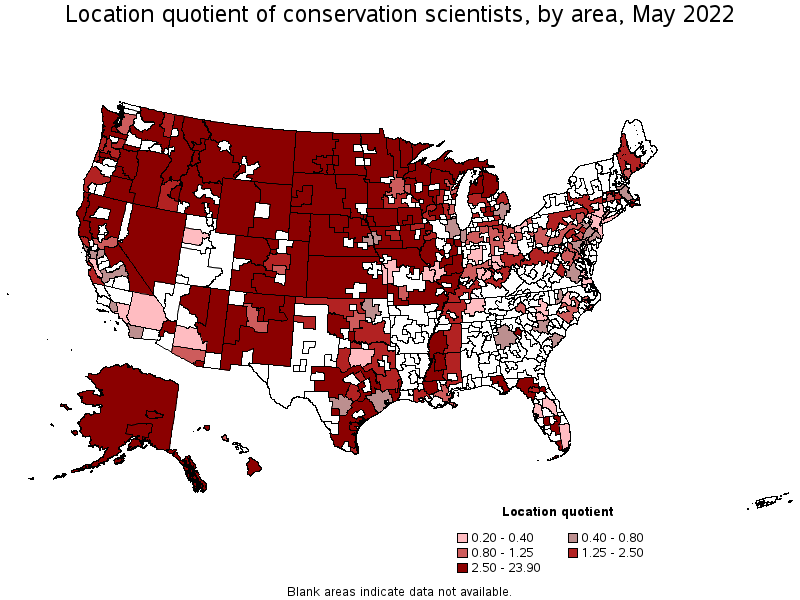 Map of location quotient of conservation scientists by area, May 2022