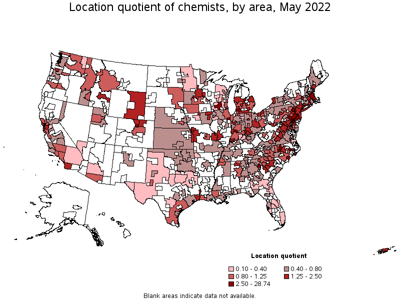 Map of location quotient of chemists by area, May 2022