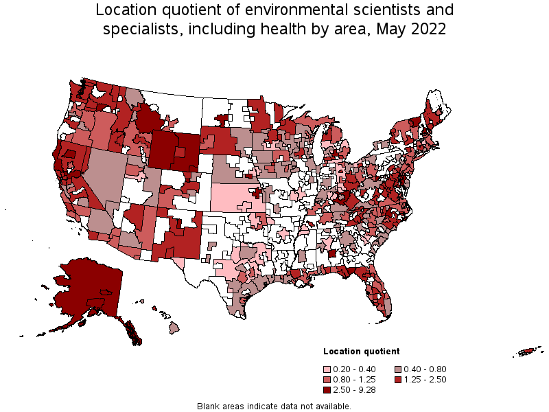 Map of location quotient of environmental scientists and specialists, including health by area, May 2022