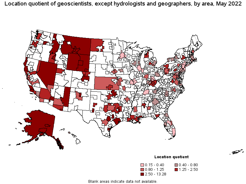 Map of location quotient of geoscientists, except hydrologists and geographers by area, May 2022