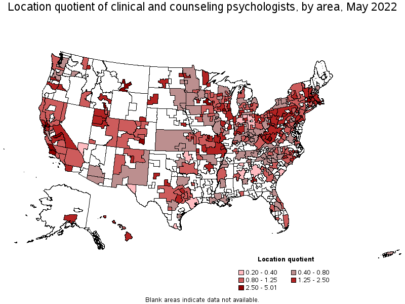 Map of location quotient of clinical and counseling psychologists by area, May 2022