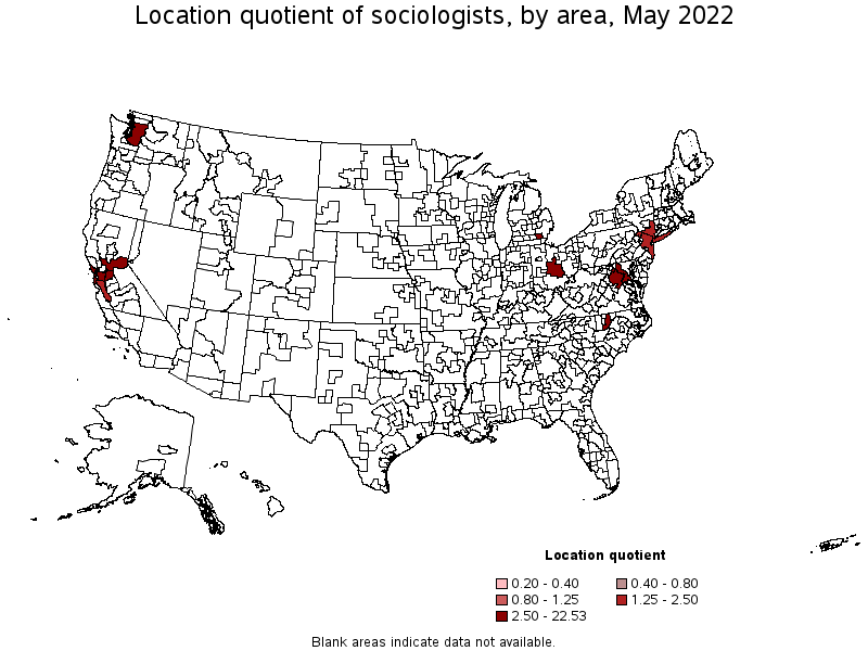 Map of location quotient of sociologists by area, May 2022
