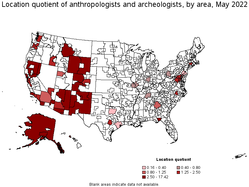 Map of location quotient of anthropologists and archeologists by area, May 2022