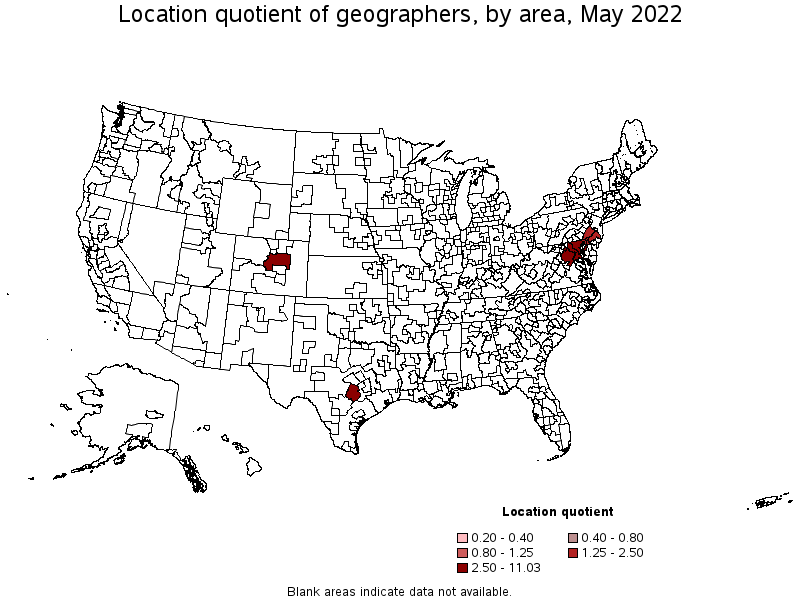 Map of location quotient of geographers by area, May 2022