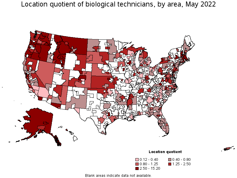 Map of location quotient of biological technicians by area, May 2022