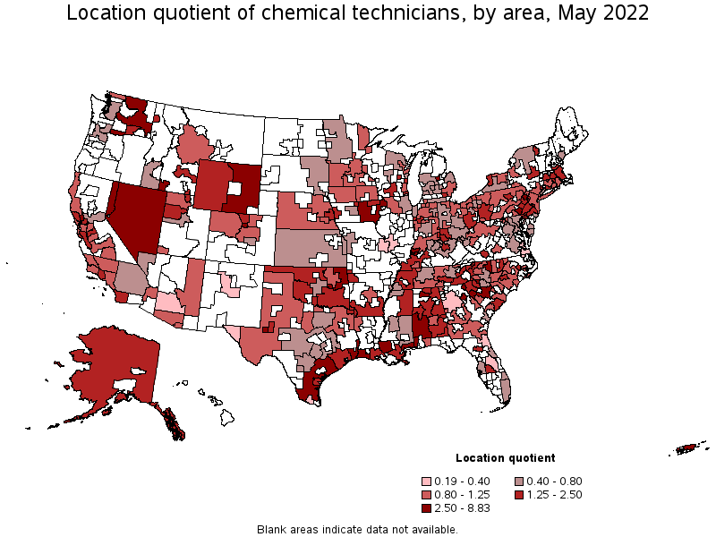 Map of location quotient of chemical technicians by area, May 2022