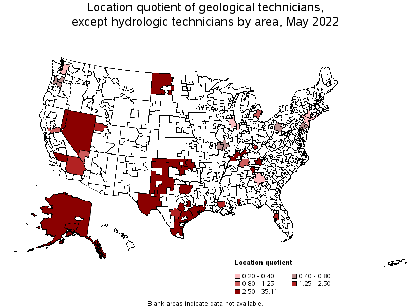 Map of location quotient of geological technicians, except hydrologic technicians by area, May 2022
