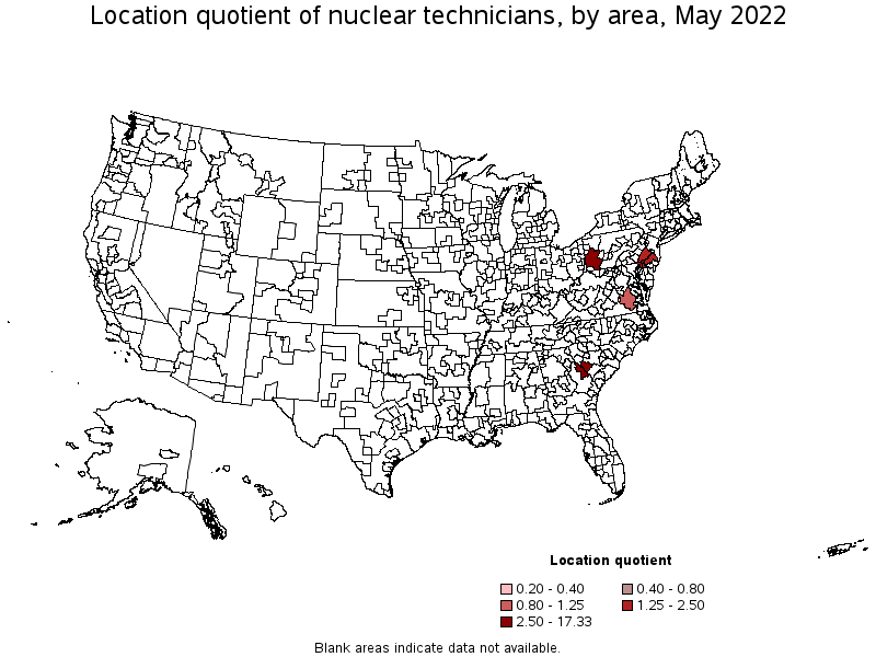 Map of location quotient of nuclear technicians by area, May 2022
