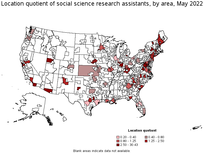 Map of location quotient of social science research assistants by area, May 2022