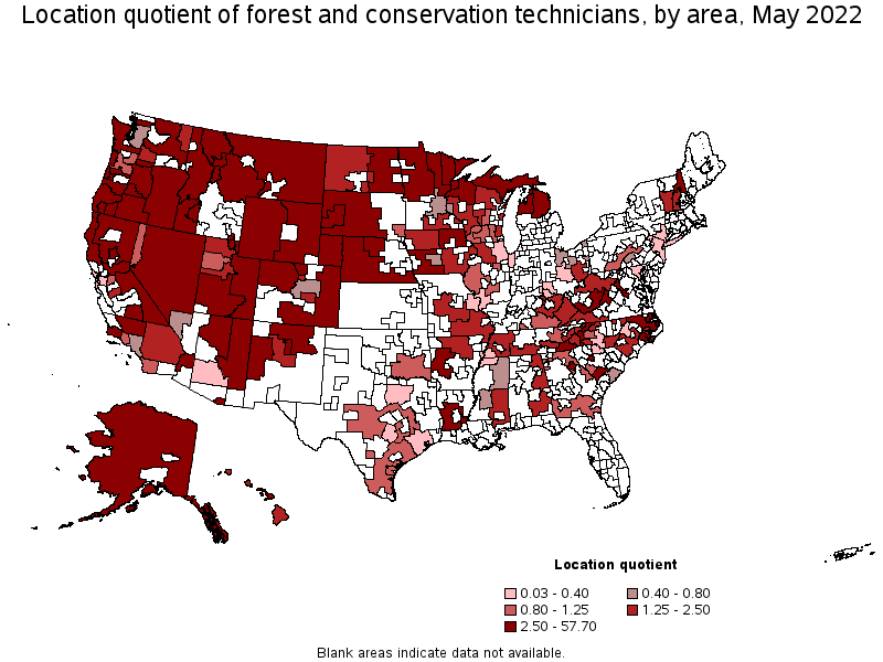 Map of location quotient of forest and conservation technicians by area, May 2022