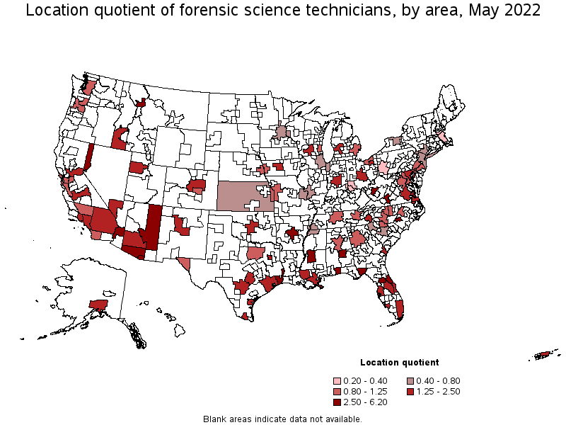Map of location quotient of forensic science technicians by area, May 2022