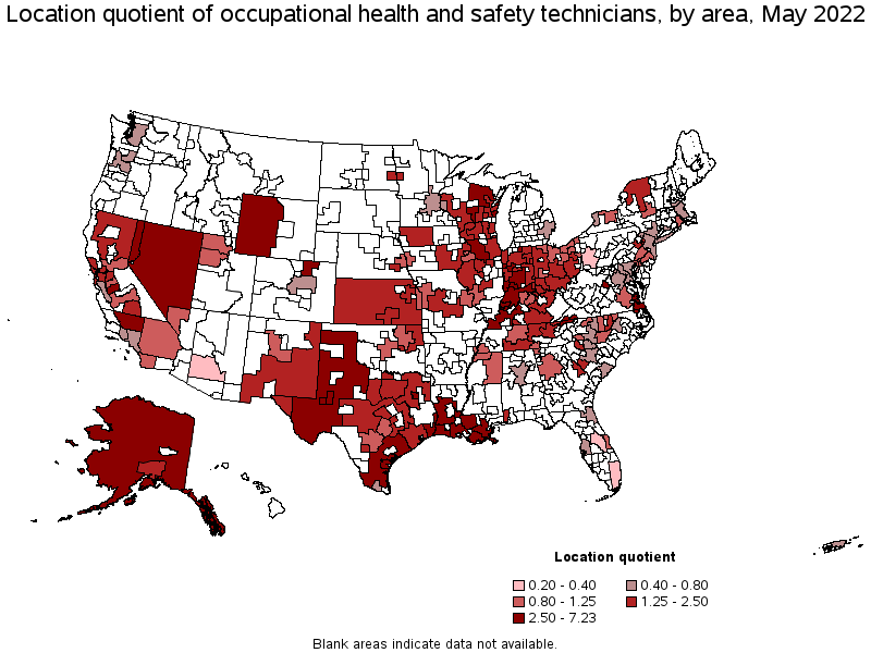 Map of location quotient of occupational health and safety technicians by area, May 2022