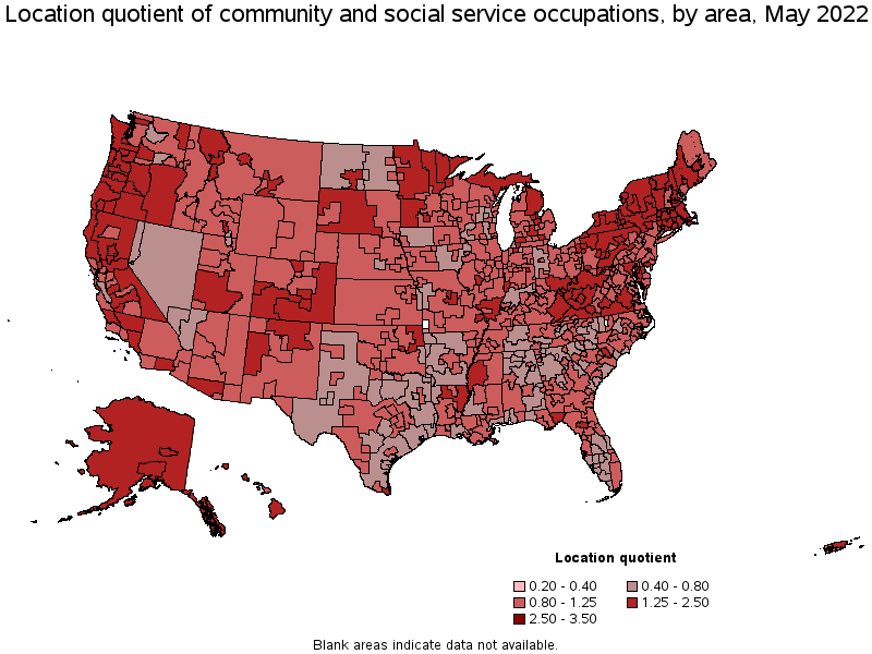 Map of location quotient of community and social service occupations by area, May 2022