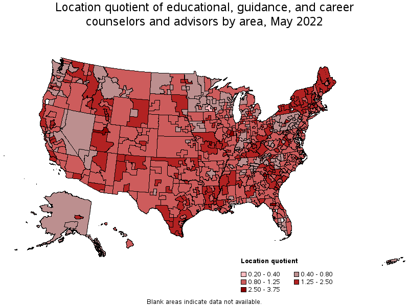 Map of location quotient of educational, guidance, and career counselors and advisors by area, May 2022