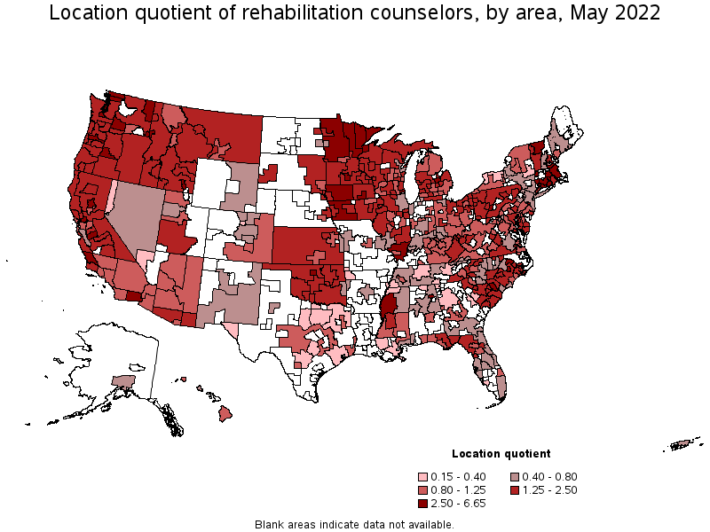 Map of location quotient of rehabilitation counselors by area, May 2022