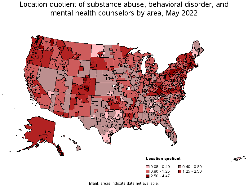 Map of location quotient of substance abuse, behavioral disorder, and mental health counselors by area, May 2022