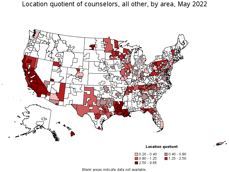 Map of location quotient of counselors, all other by area, May 2022