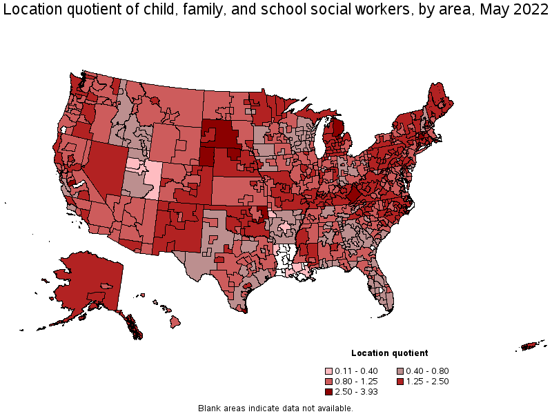 Map of location quotient of child, family, and school social workers by area, May 2022