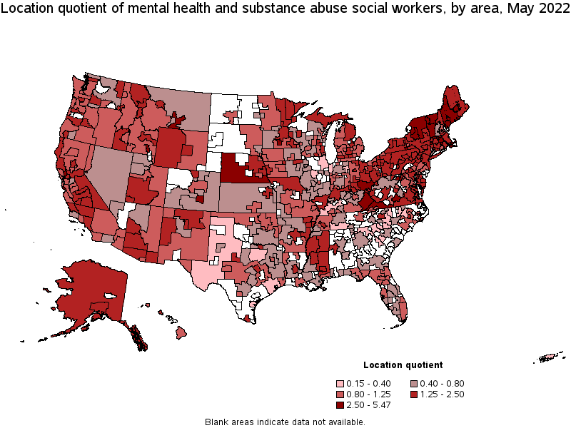 Map of location quotient of mental health and substance abuse social workers by area, May 2022