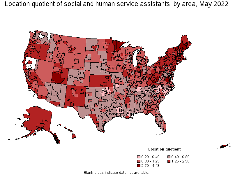 Map of location quotient of social and human service assistants by area, May 2022