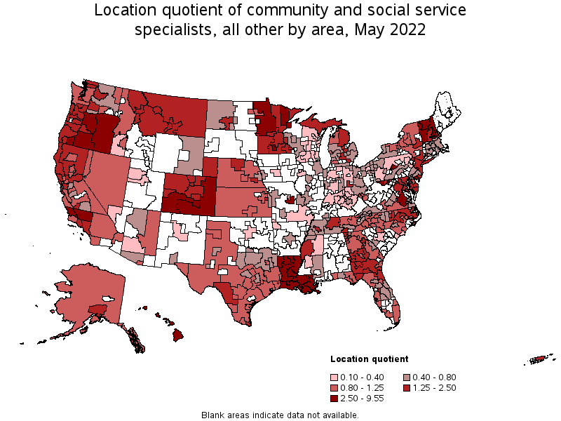 Map of location quotient of community and social service specialists, all other by area, May 2022