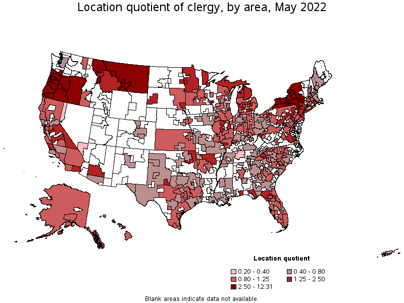 Map of location quotient of clergy by area, May 2022