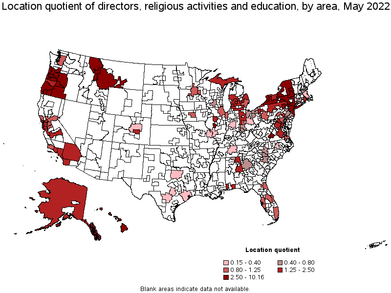 Map of location quotient of directors, religious activities and education by area, May 2022